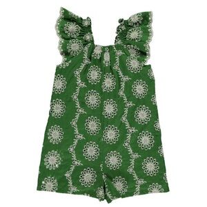 VIGNETTE Girls Madigan Eyelet Scalloped Trim Ruffle Sleeve Romper, Green & White
